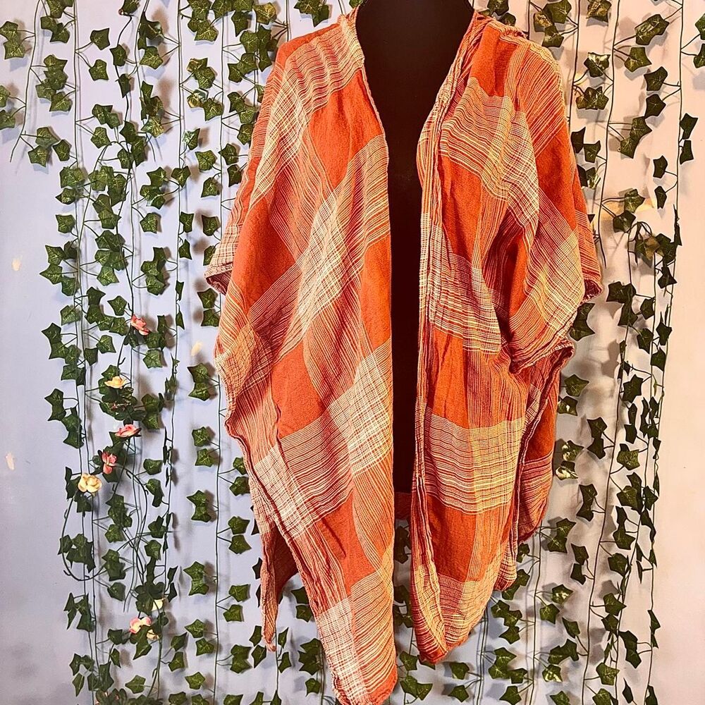 Universal Thread orange and white plaid linen kimono (OS)